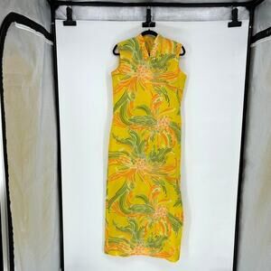 Vintage Andrade Asian Orange and Yellow Long Hawaiian Dress: Size 14 - Qi Pao